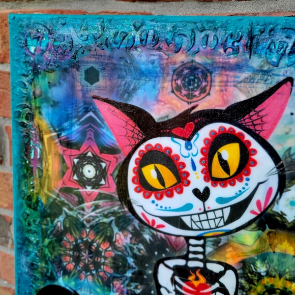 Sugar Skull Cat and Sparrow Day of Dead Painting Large 16x20 Canvas Handmade - Picture 6 of 10